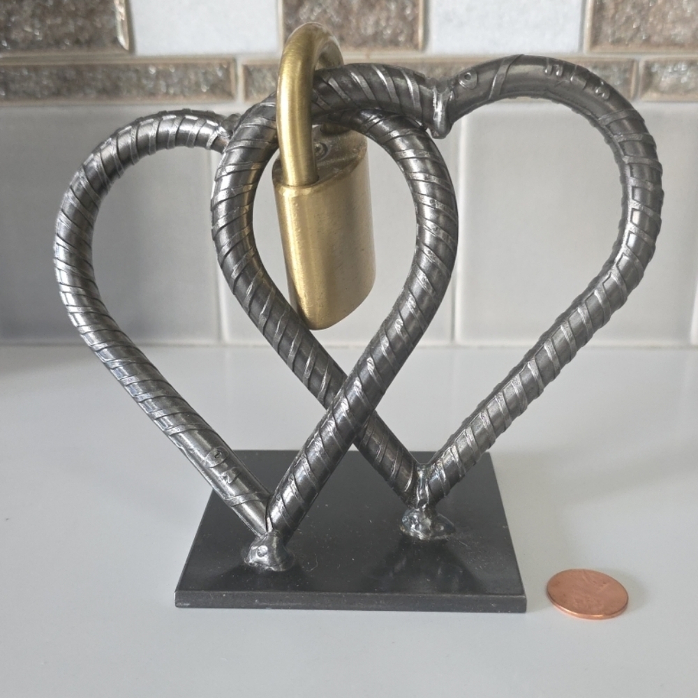 Handmade US Solid Steel Jewelry Stand Southwest Gas Brass Locked Double Hearts - Picture 2 of 12